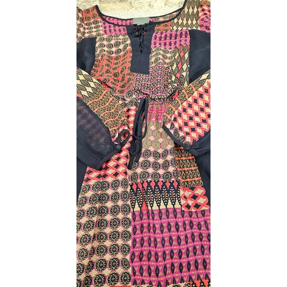 Maeve Anthropologie Patchwork Dress Blouson Lace-Up Chiffon Boho Peasant Women M - Picture 7 of 15